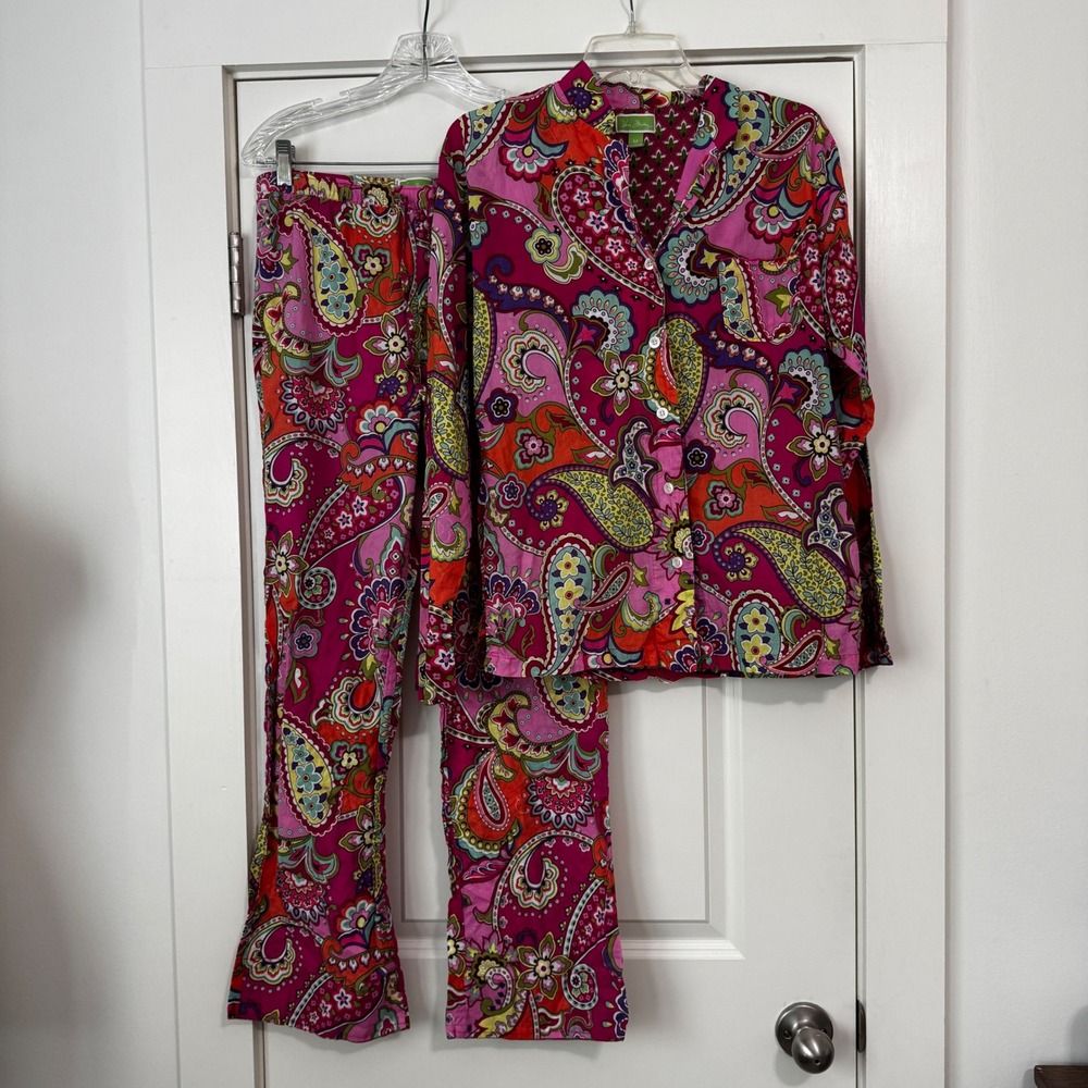 Vera Bradley Medium 2 Piece Pajama Set Pink Paisley Floral LS Button Top & Pants